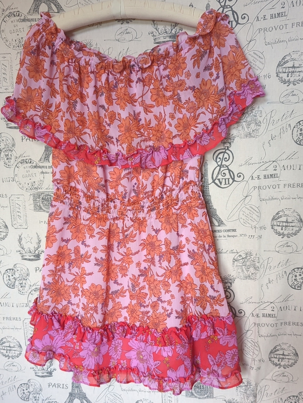 Jessica Simpson Pink and Orange Floral Off-Shoulder Mini Dress Size Medium